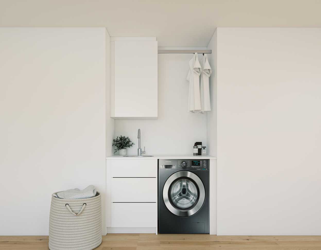 Built-in european-style laundry with engineered stone benchtop and splashback
